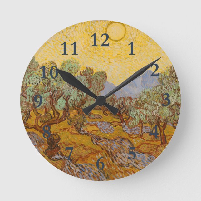 Van Gogh Olive Trees Yellow Sun Sky Round Clock (Front)