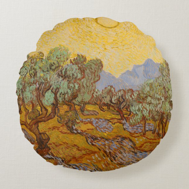 Van Gogh Olive Trees Yellow Sun Sky Round Cushion (Front)