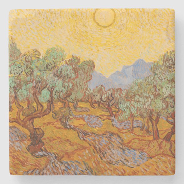 Van Gogh Olive Trees Yellow Sun Sky Stone Coaster (Front)
