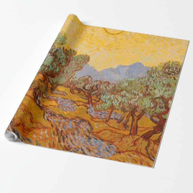 Van Gogh Olive Trees Yellow Sun Sky Wrapping Paper (Unrolled)