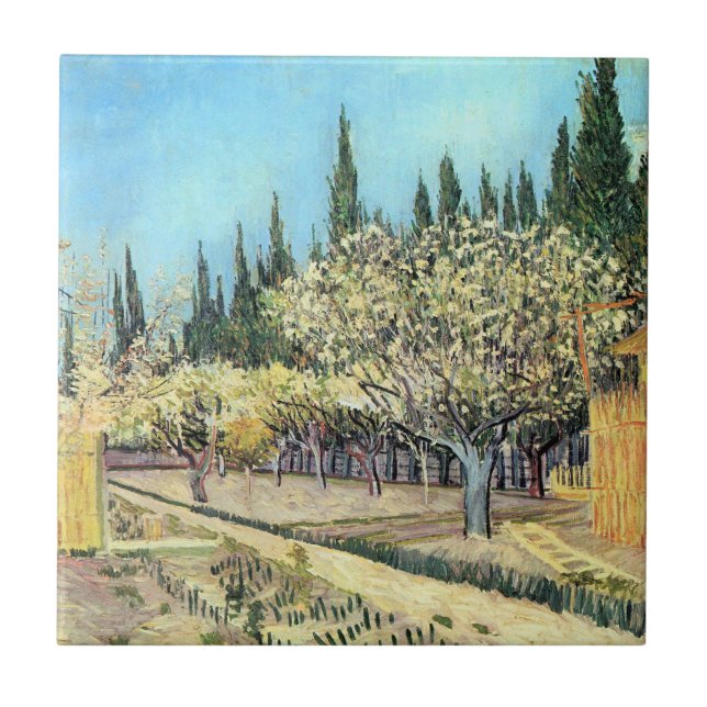 Van Gogh Orchard in Blossom, Bordered by Cypresses Ceramic Tile (Front)
