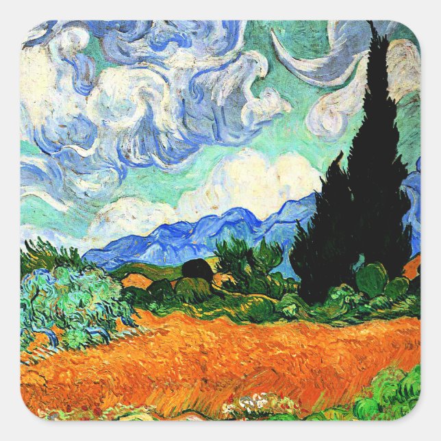 Van Gogh painting, Wheatfield with Cypress Tree  Square Sticker (Front)