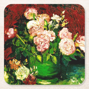 Van Gogh Peonies and Roses Square Paper Coaster