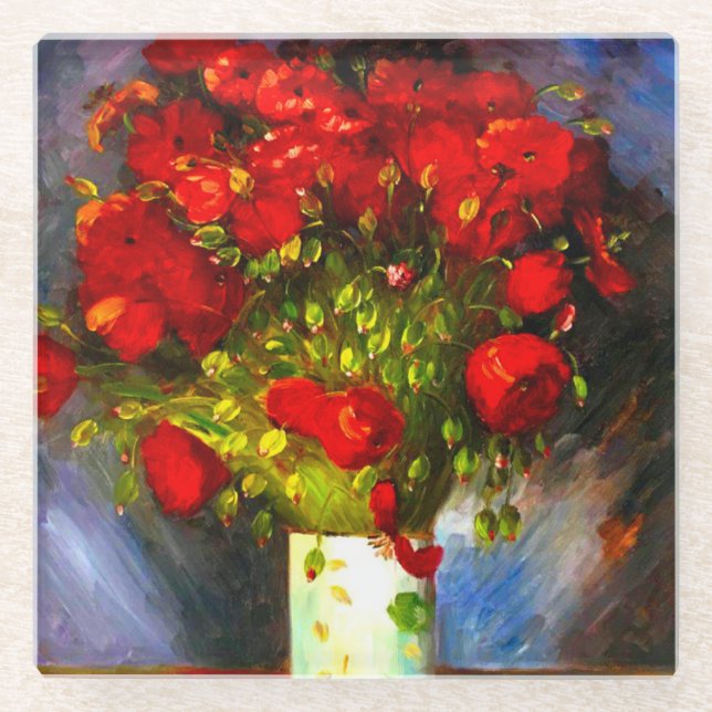Van Gogh Red Poppies Glass Coaster (Front)