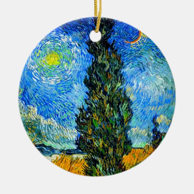 Van Gogh Road with Cypress and Star Ceramic Ornament (Front)
