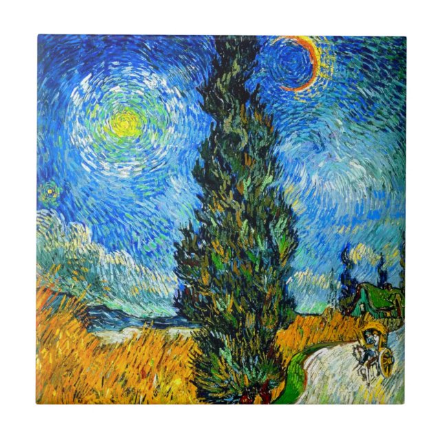 Van Gogh Road with Cypress and Star Ceramic Tile (Front)