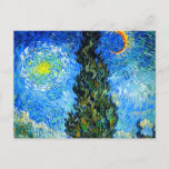 Van Gogh Road with Cypress and Star Postcard<br><div class="desc">Postcard featuring Vincent van Gogh’s oil painting Road with Cypress and Star (1890), also known as Country Road in Provence by Night. People walk along a road passing a beautiful cypress tree underneath a blue night sky with yellow moon and stars. A fantastic gift for fans of Post-Impressionism and Dutch...</div>