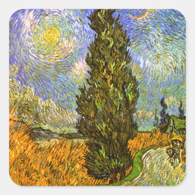 Van Gogh: Road with Cypress and Star Square Sticker (Front)