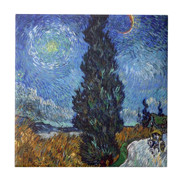 Van Gogh Road With Cypresses Impressionism Ceramic Tile (Front)