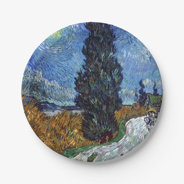 Van Gogh Road With Cypresses Impressionism Paper Plate (Front)