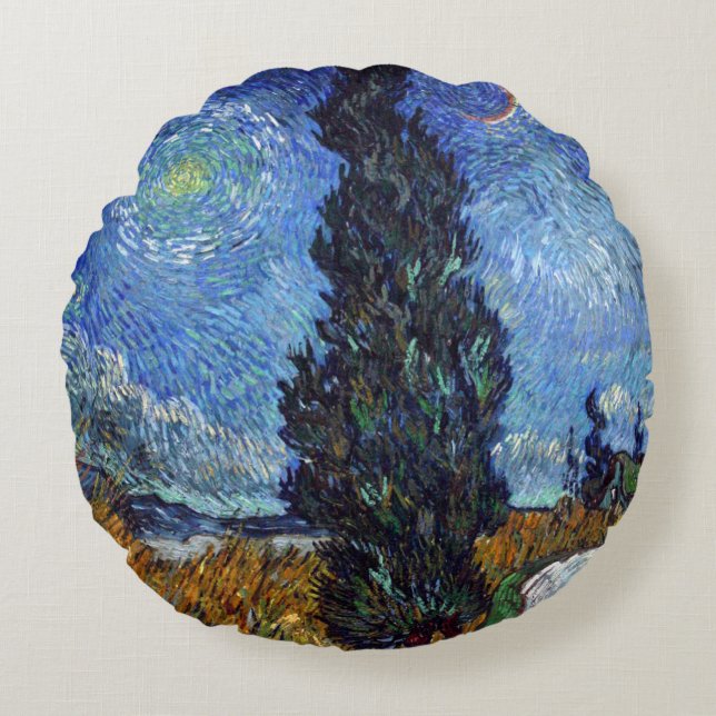 Van Gogh Road With Cypresses Impressionism Round Cushion (Front)