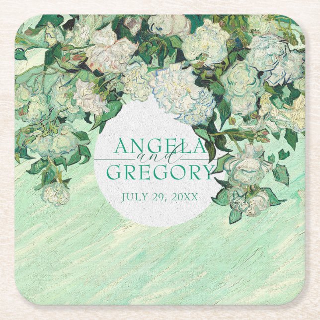 Van Gogh Roses Wedding Paper Coaster (Front)