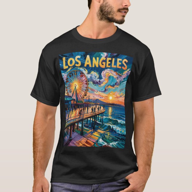 Van Gogh Santa Monica Pier Los Angeles Colourful T-Shirt (Front)