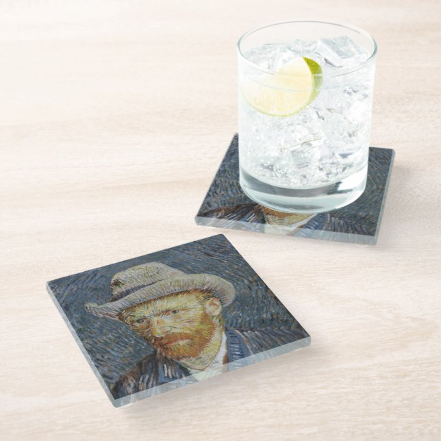 Van Gogh Self Portrait Grey Felt Hat Painting Art Glass Coaster (Angled)