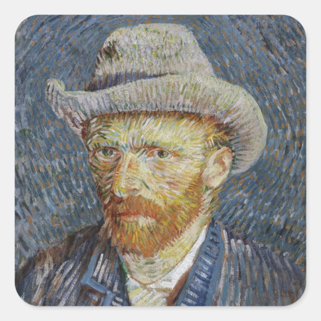 Van Gogh Self Portrait Grey Felt Hat Painting Art Square Sticker (Front)