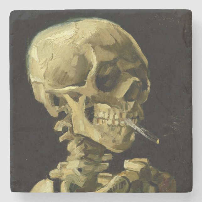 Van Gogh Smoking Skeleton Stone Coaster (Front)