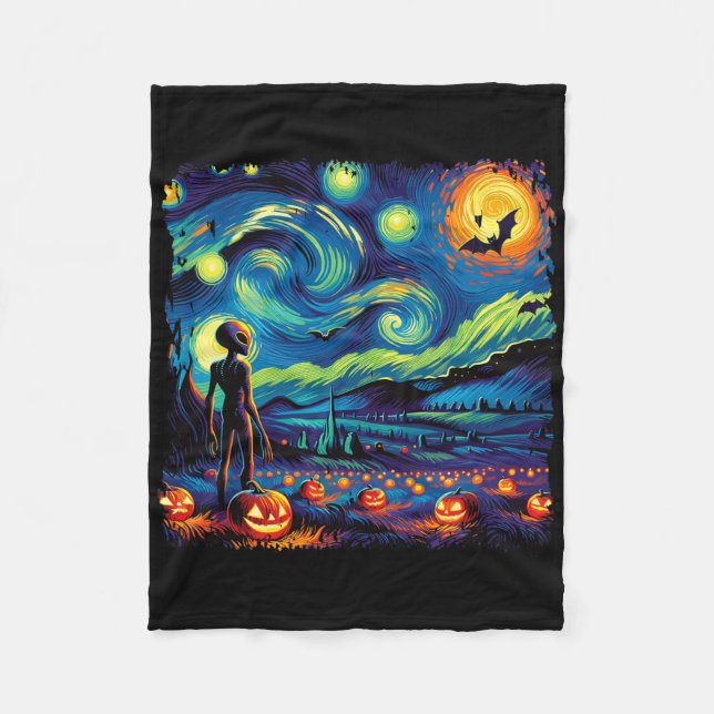 Van Gogh Starry Night Alien Man Halloween Fall Pum Fleece Blanket (Front)