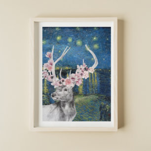Van Gogh Starry Night and Flower Stag Compilation Poster
