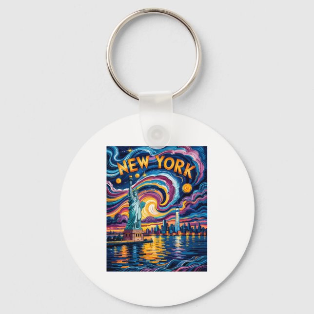 Van Gogh Starry Night Art New York Liberty Skyline Key Ring (Front)