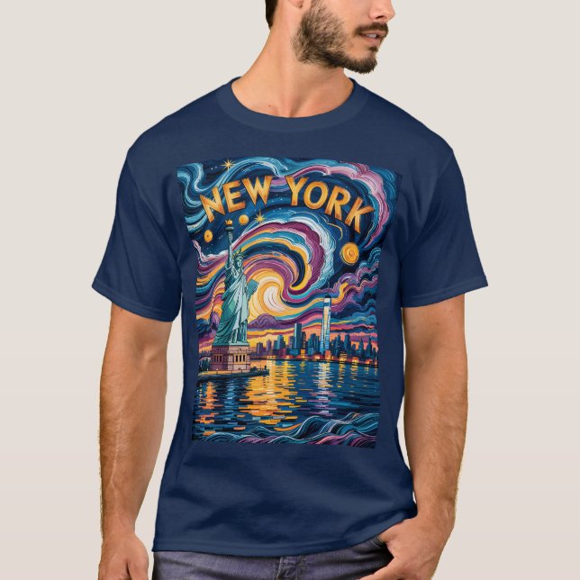 Van Gogh Starry Night Art New York Liberty Skyline T-Shirt (Front)