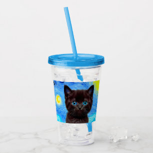 Van Gogh Starry Night Black Cat Acrylic Tumbler