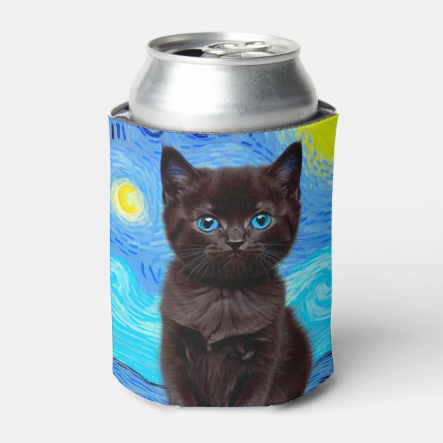 Van Gogh Starry Night Black Cat Can Cooler (Can Front)