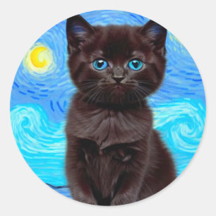 Van Gogh Starry Night Black Cat Classic Round Sticker