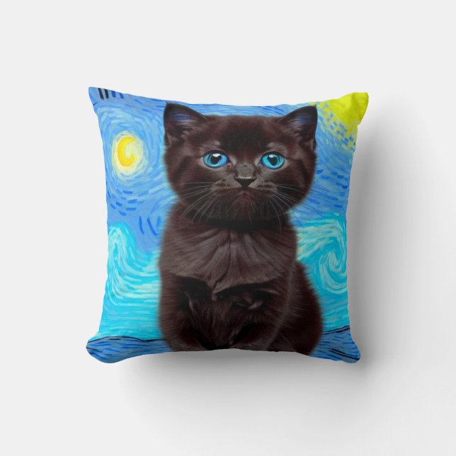 Van Gogh Starry Night Black Cat Cushion (Front)