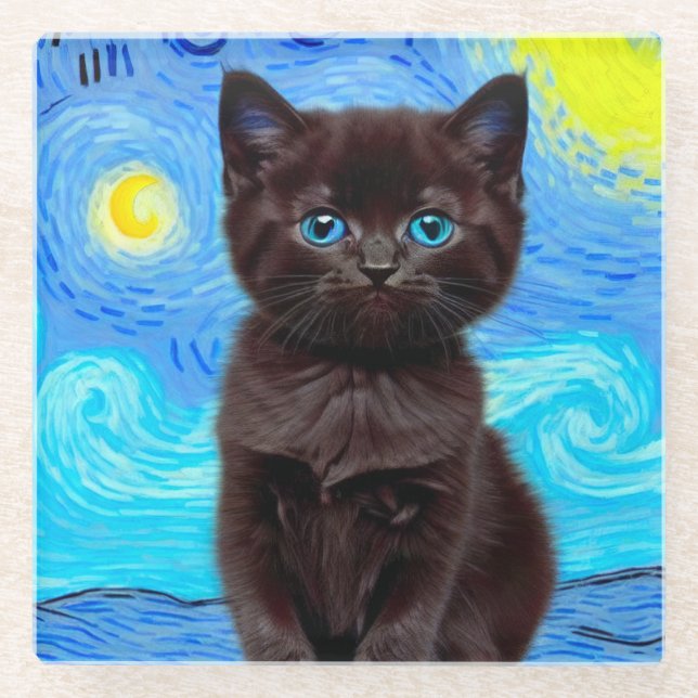 Van Gogh Starry Night Black Cat Glass Coaster (Front)