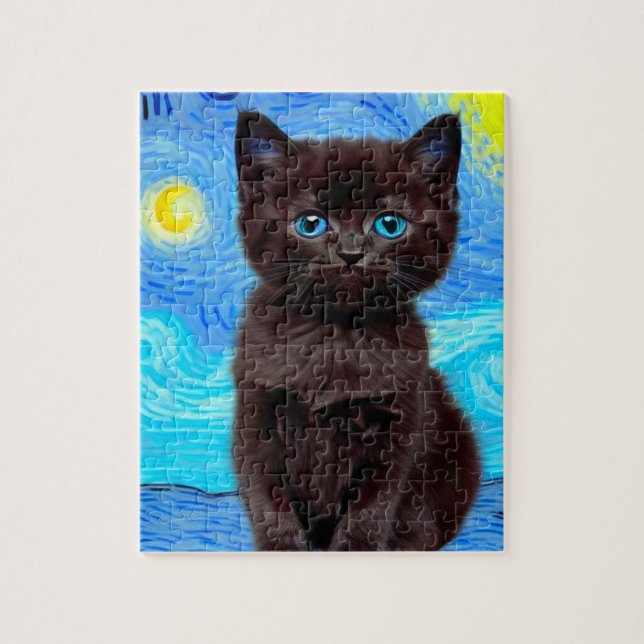 Van Gogh Starry Night Black Cat Jigsaw Puzzle (Vertical)