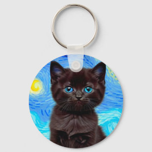 Van Gogh Starry Night Black Cat Key Ring
