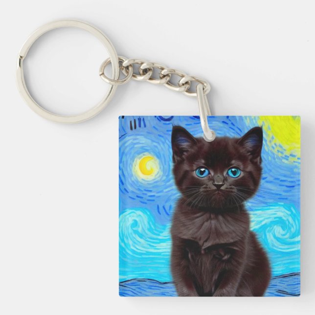 Van Gogh Starry Night Black Cat Key Ring (Front)