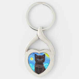 Van Gogh Starry Night Black Cat Key Ring