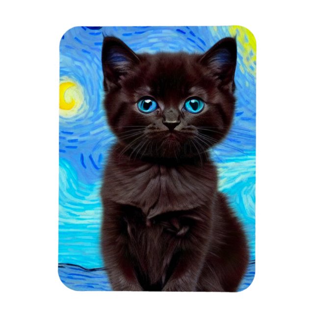Van Gogh Starry Night Black Cat Magnet (Vertical)