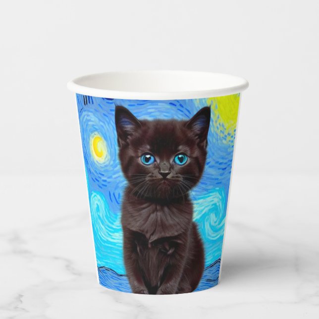 Van Gogh Starry Night Black Cat Paper Cups (Front)