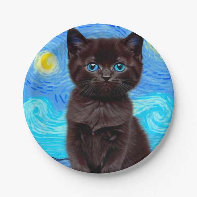 Van Gogh Starry Night Black Cat Paper Plate (Front)