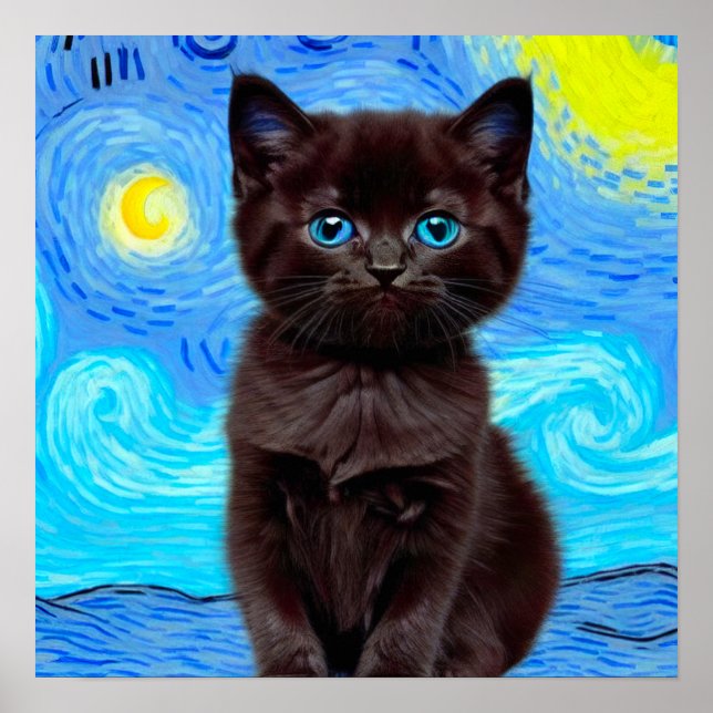 Van Gogh Starry Night Black Cat Poster (Front)