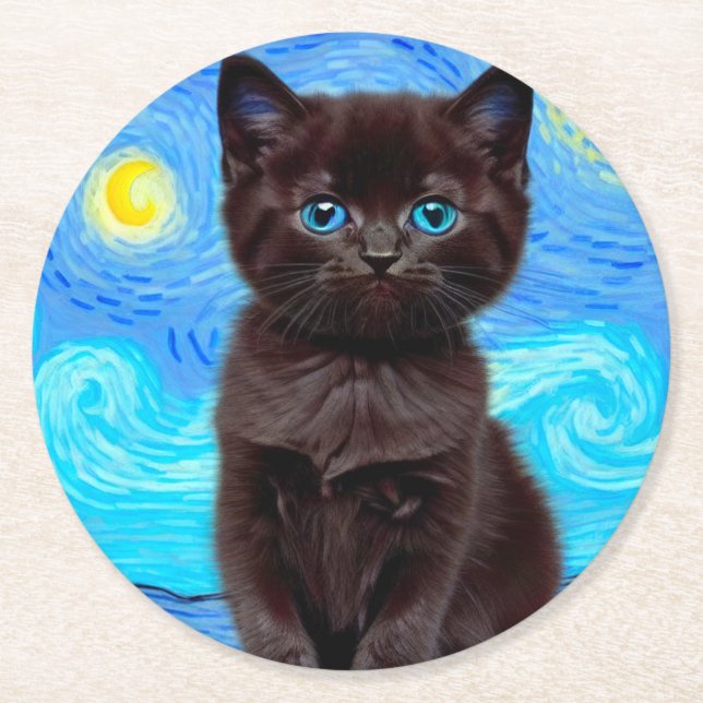 Van Gogh Starry Night Black Cat Round Paper Coaster (Front)