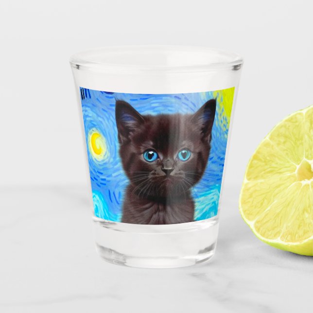 Van Gogh Starry Night Black Cat Shot Glass (Front)