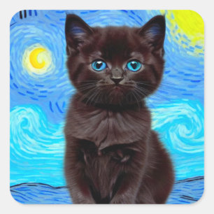 Van Gogh Starry Night Black Cat Square Sticker