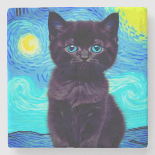 Van Gogh Starry Night Black Cat Stone Coaster