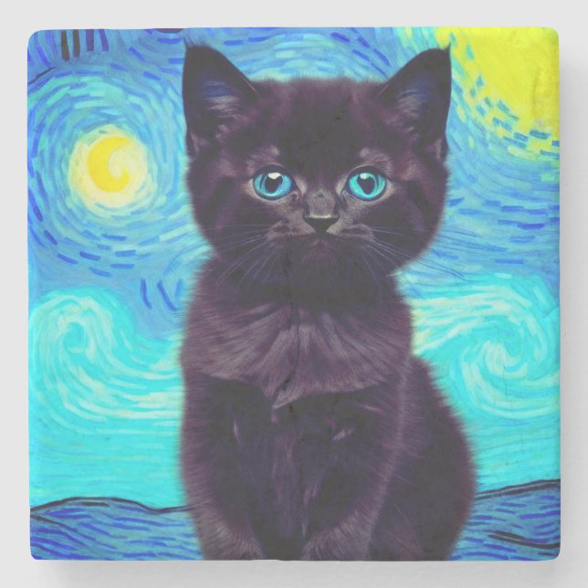 Van Gogh Starry Night Black Cat Stone Coaster (Front)