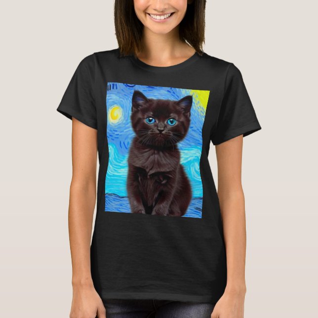 Van Gogh Starry Night Black Cat T-Shirt (Front)