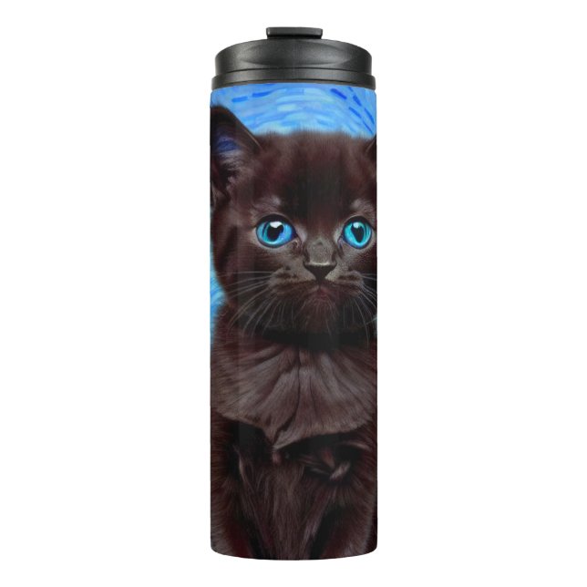 Van Gogh Starry Night Black Cat Thermal Tumbler (Front)