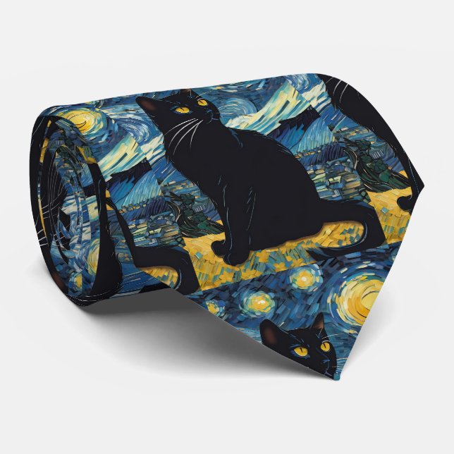 Van Gogh Starry Night Black Cat Tie (Rolled)