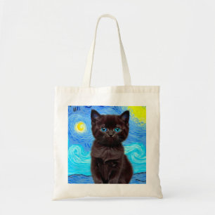 Van Gogh Starry Night Black Cat Tote Bag