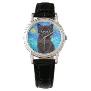 Van Gogh Starry Night Black Cat Watch