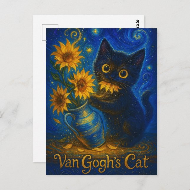Van Gogh Starry Night Black Cat with Sunflowers Postcard (Front/Back)