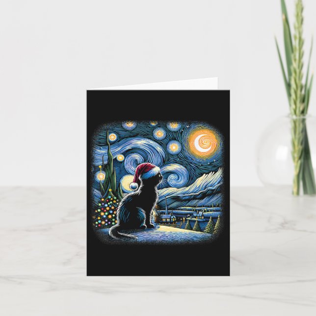 Van Gogh Starry Night Cat Funny Black Cat Christma Card (Front)