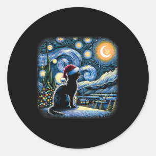 Van Gogh Starry Night Cat Funny Black Cat Christma Classic Round Sticker